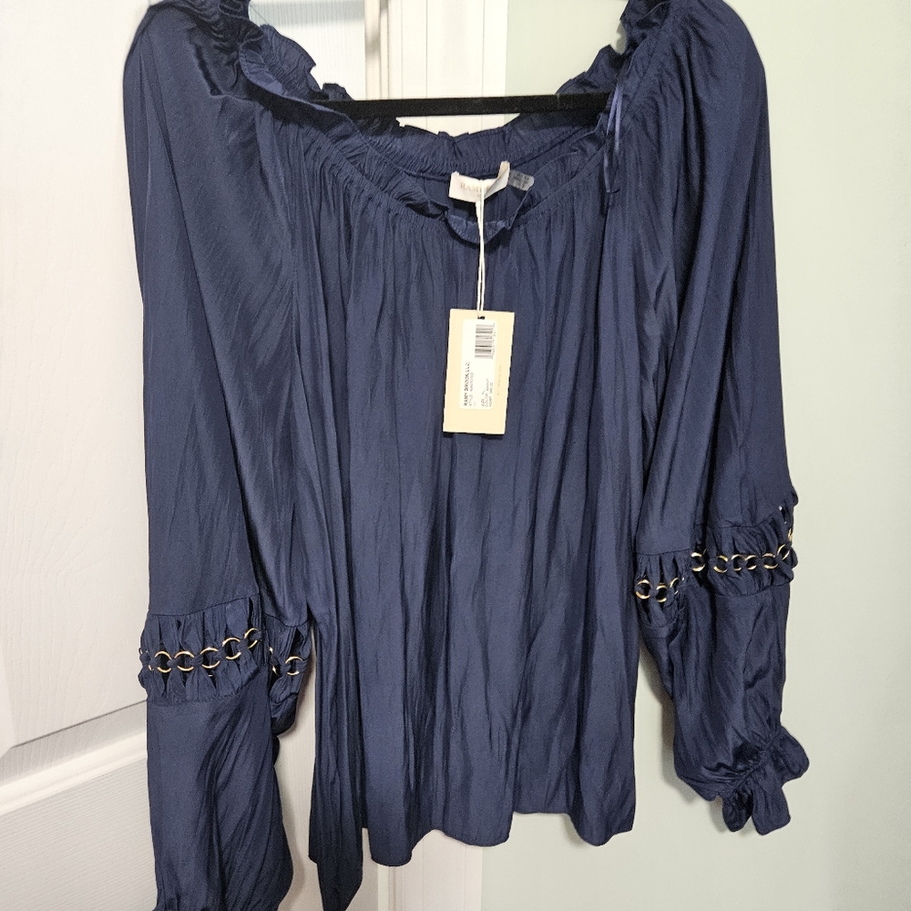 Ramy Brook Navy Blue Peasant Blouse with Grommet Sleeve Detail
